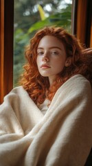 Aufkleber - Cozy moment captured with a young woman wrapped in a blanket while relaxing by a window surrounded by nature