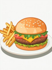 Aufkleber - Cheeseburger with beef patty, lettuce, tomato, and cheese served on a plate with crispy fries in a casual dining setting