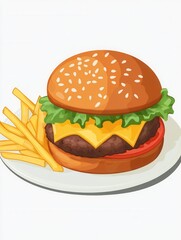 Aufkleber - Delicious cheeseburger with fresh toppings and crispy fries served on a plate