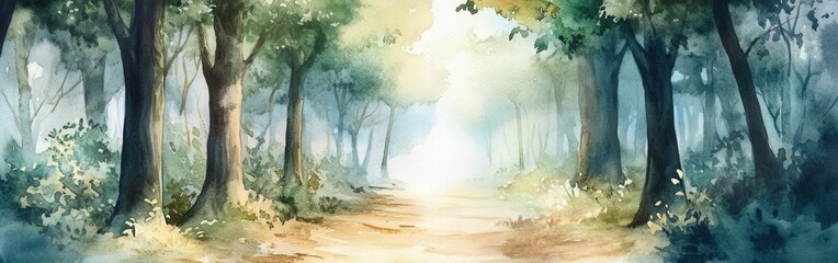 Aufkleber - Serenity of a misty forest path illuminated by soft sunlight in a watercolor painting