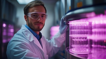 Poster - A male engineer in a lab coat and safety goggles operates automated machinery in a chemical synthesis facility. Bright purple lights illuminate the bioreactors filled with samples.