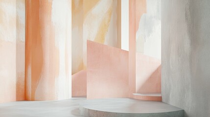 Aufkleber - Soft pastel peach and gray incomplete shapes create a serene architectural space for creative exploration