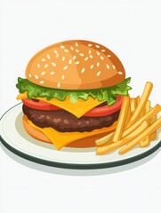 Aufkleber - Delicious cheeseburger with fresh ingredients served on a plate with crispy fries perfect for lunch or dinner
