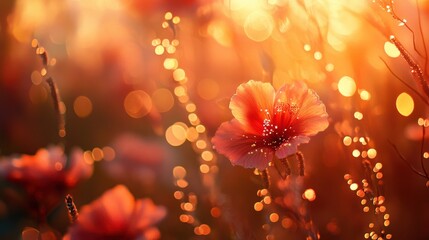 Aufkleber - Vibrant coral and sunset orange flowers captured during golden hour in a serene meadow