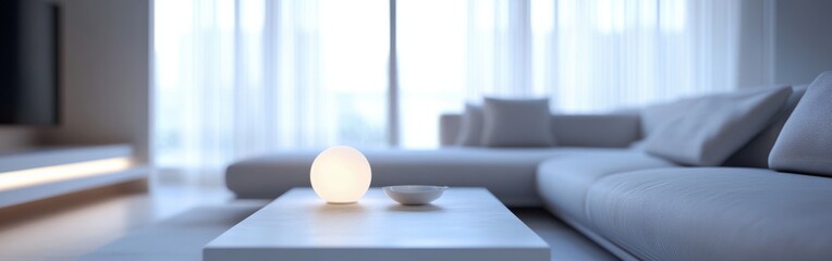Aufkleber - Glowing orb lamp illuminates a modern living room with soft gray and silver tones in natural light