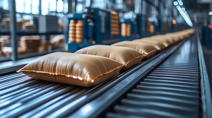 Aufkleber - Bags of materials move along a conveyor belt in a manufacturing facility, showcasing automation and engineering processes in action during production hours.