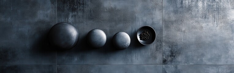 Aufkleber - Elegant gray design features smooth spheres and a bowl of beads arranged harmoniously on a textured surface