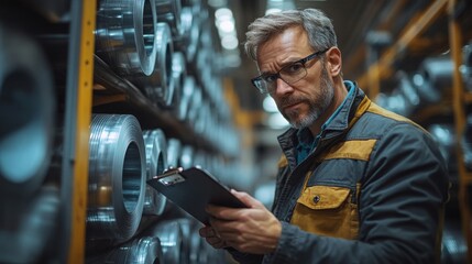 Poster - A quality control expert examines steel and aluminum rolls in a manufacturing plant. The worker analyzes details on a clipboard, ensuring standards are met in this industrial setting.