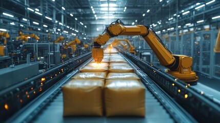 Poster - In a state-of-the-art manufacturing plant, robotic arms efficiently package petrochemical products. The automation enhances productivity and precision in the production line.