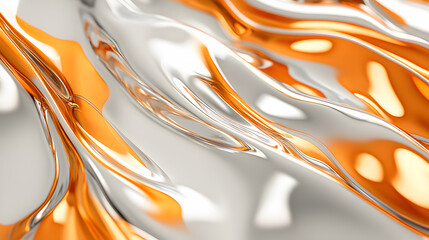 Fototapete - A close-up of flowing metallic textures in silver and orange, showcasing smooth waves and reflections