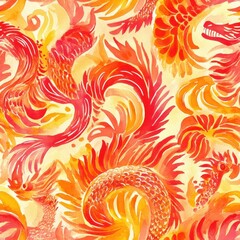 Fototapete - Vibrant watercolor doodle of fiery dragon-like creatures swirling in a dynamic pattern
