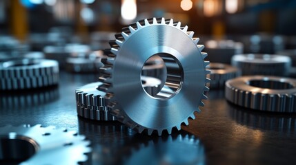 Leinwandbilder - A collection of precision gears lies on a factory floor, illuminated by warm lighting. These components play a critical role in the manufacturing processes of steel and aluminum.