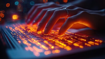 Hands typing on a laptop with orange light highlight coding and development.