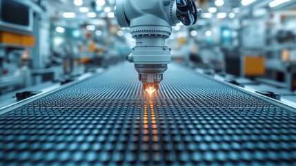 Fototapete - A robotic arm uses a precision laser to cut materials on a conveyor belt in a modern manufacturing facility focused on automation and engineering.