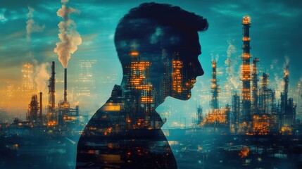 Fototapete - Surreal silhouette of a man against an industrial cityscape at twilight