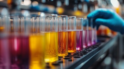 Poster - Colorful liquids in glass test tubes are being carefully handled in a manufacturing laboratory. The focus is on the precision and detail of the chemical synthesis process.