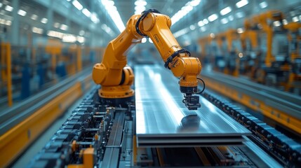Leinwandbilder - A robotic arm is actively engaged in welding operations on large steel sheets in a high-tech manufacturing plant. The environment is characterized by automation and industrial efficiency.