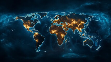 illuminated world map with twinkling lights and dark background
