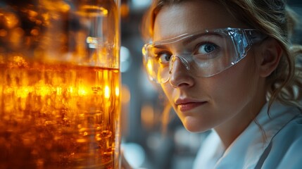 Leinwandbilder - A scientist in protective eyewear observes a chemical synthesis process in a futuristic refinery.