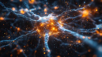 Wall Mural - illustrating brain function, a glowing neuron transmits signals within the intricate nervous system'