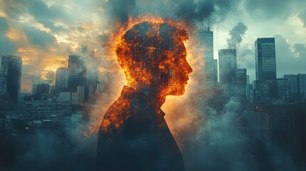 Wall Mural - In a city, a businessman's head explodes into abstract shapes, symbolizing burnout, stress, and mental health challenges.