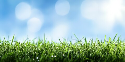 Wall Mural - A field of green grass with a blue sky in the background