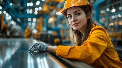 Poster - Skilled worker in safety gear inspects aluminum sheets in a bustling factory environment.