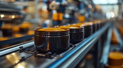 Leinwandbilder - Containers filled with processed materials move along a conveyor belt in a manufacturing facility. This automated system enhances efficiency in petrochemical synthesis and refining.