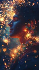 Poster - Glowing man illuminated by fireworks in a magical night setting