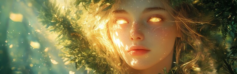 Poster - Serene portrait of a young woman with glowing eyes surrounded by nature in soft light