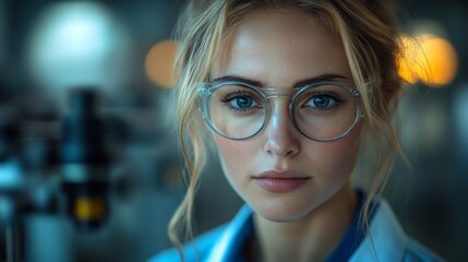Fototapete - A young engineer with glasses examines machinery in a factory setting. The atmosphere is illuminated by warm lights, showcasing automation in steel and aluminum processing.