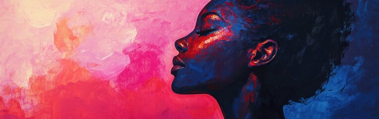 Poster - Serene portrait of a woman glowing with vibrant colors at sunset in a calm environment