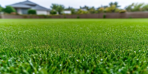 Wall Mural - A lush green lawn with dew on the grass