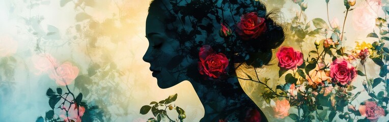 Aufkleber - Woman with serene expression surrounded by vibrant roses at golden hour in a tranquil outdoor setting