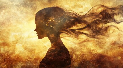 Aufkleber - Serene portrait of a woman with flowing hair glowing in warm golden light