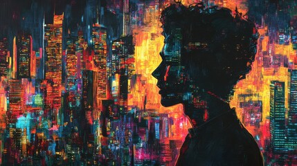 Leinwandbilder - Man with a glowing silhouette amidst a vibrant city skyline at night reflecting inspiration and dreams