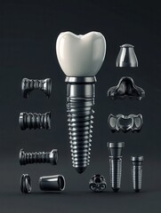 Aufkleber - Detailed 3D render of a dental implant in exploded view showcasing all components against a gradient background