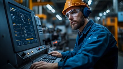 Poster - Engineer wearing safety gear focuses intently on the computer screen, managing automation processes in a busy manufacturing facility dedicated to metal fabrication.