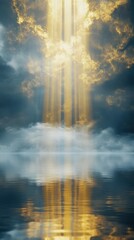 Poster - Light beams illuminating a stunning landscape with reflections in calm water at dusk