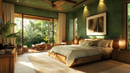 Aufkleber - Nature-inspired bedroom featuring green walls and large windows, inviting outdoor views and natural light in a tranquil environment