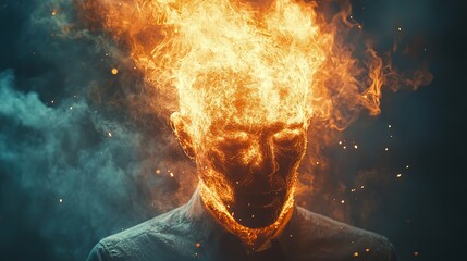 Wall Mural - intense pressure and mental strain cause a businessman's head to explode with flames, symbolizing bu