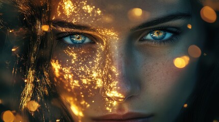 Poster - Mystical portrait of a woman's face glowing with enchanting light, captivating gaze and shimmering accents in a darkened setting