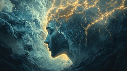 Poster - Mystical profile of a man surrounded by stormy clouds and electric energy at dusk