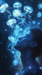 Aufkleber - Mystical profile of a man surrounded by glowing jellyfish in an underwater realm