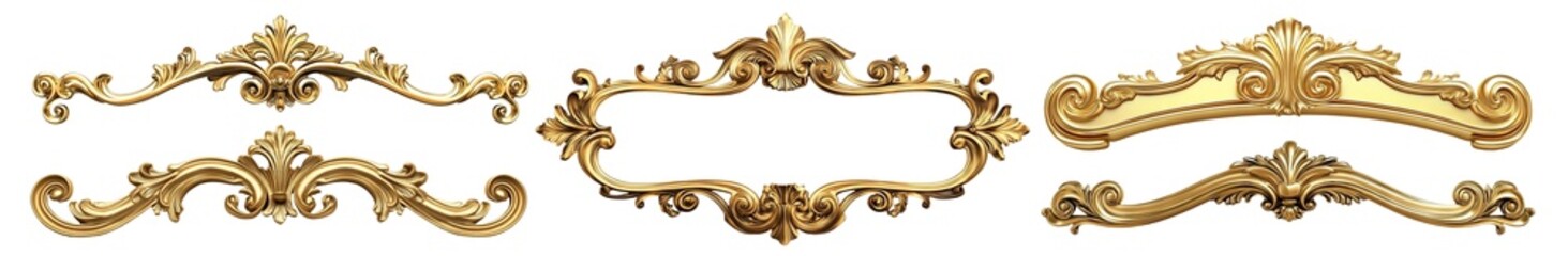 set of gold vintage ornaments with baroque details, isolated on transparent cutout background