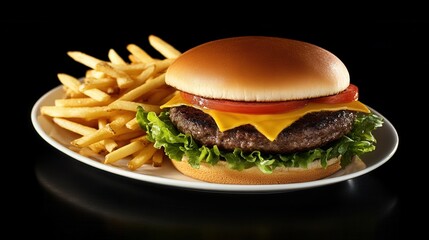 Aufkleber - Mouthwatering cheeseburger served with crispy fries for a delicious meal experience