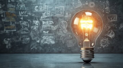 Aufkleber - Glowing light bulb illuminating ideas against a chalkboard background filled with drawings