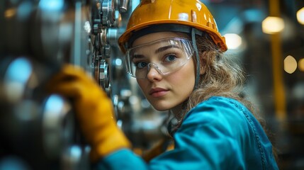 Leinwandbilder - A female engineer observes machinery in a manufacturing facility. She is dressed in protective gear, including a hard hat and safety goggles.