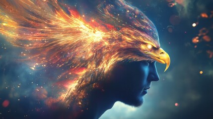 Poster - Dynamic profile of a man with an eagle's fiery essence, symbolizing strength and freedom in a mystical landscape