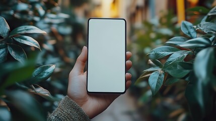 Natural outdoor setting, hand holding modern blank smartphone close up perfect for mobile app or design showcase.